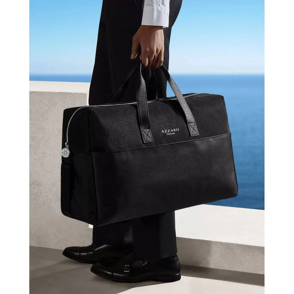 Azzaro Black Travel Duffel Bag Weekend Overnight Carry On Leather‎ Accents